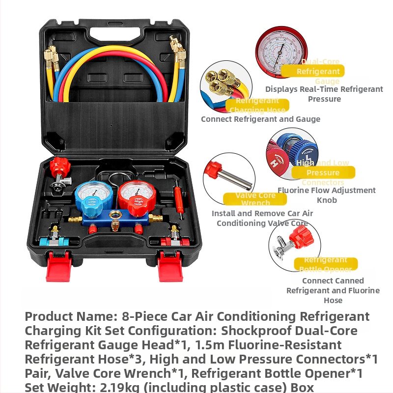 Флуометър за хладилен агент за автомобилен климатик, двоен измервателен уред, отварачка за бутилки с фреонова тръба за високо и ниско налягане, бърз меден конектор