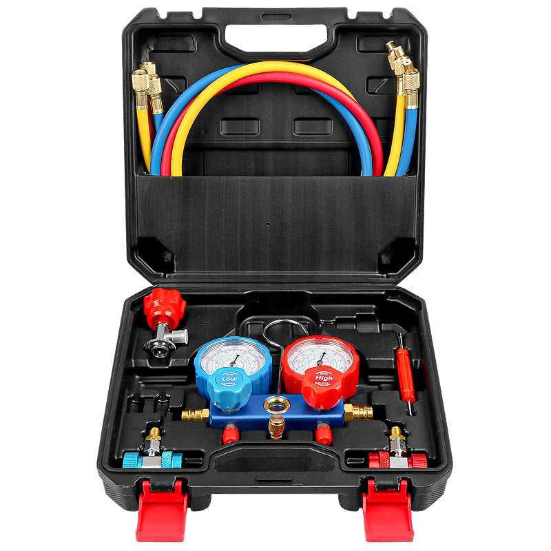 Флуометър за хладилен агент за автомобилен климатик, двоен измервателен уред, отварачка за бутилки с фреонова тръба за високо и ниско налягане, бърз меден конектор
