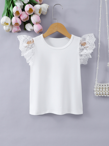 Vasariniai mergaitiški marškinėliai laisvalaikiui, elegantiški, plazdantys rankogaliai, nėrinių apdaila, vientisa spalva, mieli balti marškinėliai, tarpsieniniai, populiarūs išpardavimai, vaikiški drabužiai