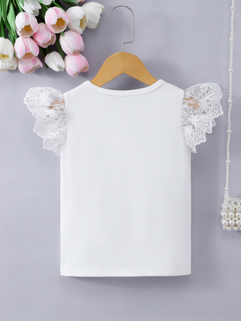 Vasariniai mergaitiški marškinėliai laisvalaikiui, elegantiški, plazdantys rankogaliai, nėrinių apdaila, vientisa spalva, mieli balti marškinėliai, tarpsieniniai, populiarūs išpardavimai, vaikiški drabužiai