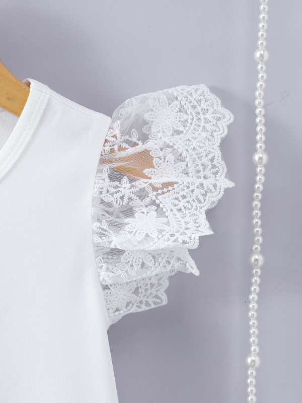 Vasariniai mergaitiški marškinėliai laisvalaikiui, elegantiški, plazdantys rankogaliai, nėrinių apdaila, vientisa spalva, mieli balti marškinėliai, tarpsieniniai, populiarūs išpardavimai, vaikiški drabužiai