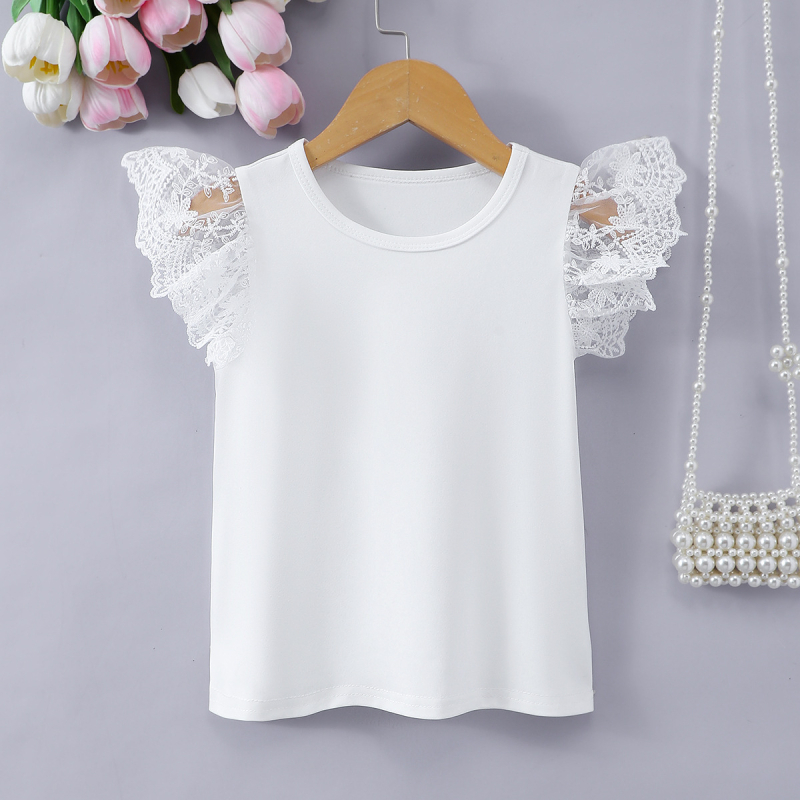 Vasariniai mergaitiški marškinėliai laisvalaikiui, elegantiški, plazdantys rankogaliai, nėrinių apdaila, vientisa spalva, mieli balti marškinėliai, tarpsieniniai, populiarūs išpardavimai, vaikiški drabužiai