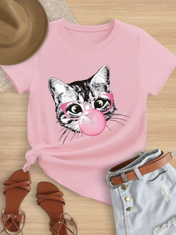 2025 Καλοκαιρινό T-shirt για Κορίτσια με Στάμπα "Cat Blowing Bubble Gum Print" με Δημιουργικό Στάμπα, Χαλαρό και Casual
