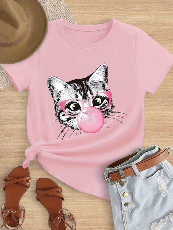 2025 m. vasaros mergaičių marškinėliai „Katės pūtimo kramtomosios gumos raštas“ su kūrybiškais raštais, laisvi ir kasdieniai