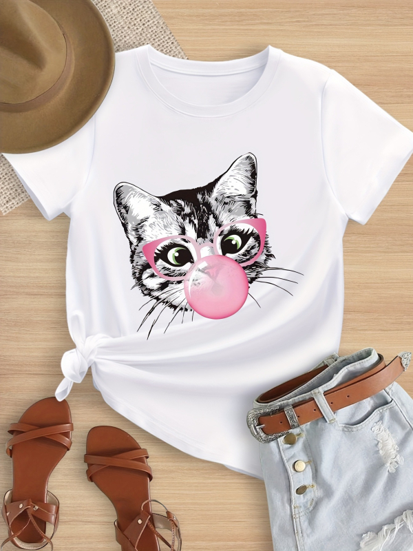 2025 m. vasaros mergaičių marškinėliai „Katės pūtimo kramtomosios gumos raštas“ su kūrybiškais raštais, laisvi ir kasdieniai