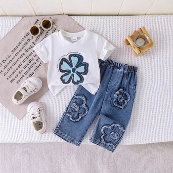Vasariniai mergaičių kostiumai iš Europos ir Amerikos, mažo ir vidutinio dydžio vaikiški marškinėliai su raštais trumpomis rankovėmis + džinsinės kelnės, naujas dviejų dalių komplektas