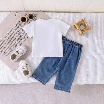 Διασυνοριακές Ευρωπαϊκές και Αμερικανικές Εισαγωγές Καλοκαιρινά Κοριτσίστικα Κοστούμια, Μικρά και Μεσαία Παιδικά Μπλουζάκια με Στάμπα και Κοντά Μανίκια + Τζιν Παντελόνια Νέο Σετ Δύο Τεμαχίων