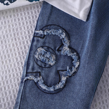 Διασυνοριακές Ευρωπαϊκές και Αμερικανικές Εισαγωγές Καλοκαιρινά Κοριτσίστικα Κοστούμια, Μικρά και Μεσαία Παιδικά Μπλουζάκια με Στάμπα και Κοντά Μανίκια + Τζιν Παντελόνια Νέο Σετ Δύο Τεμαχίων