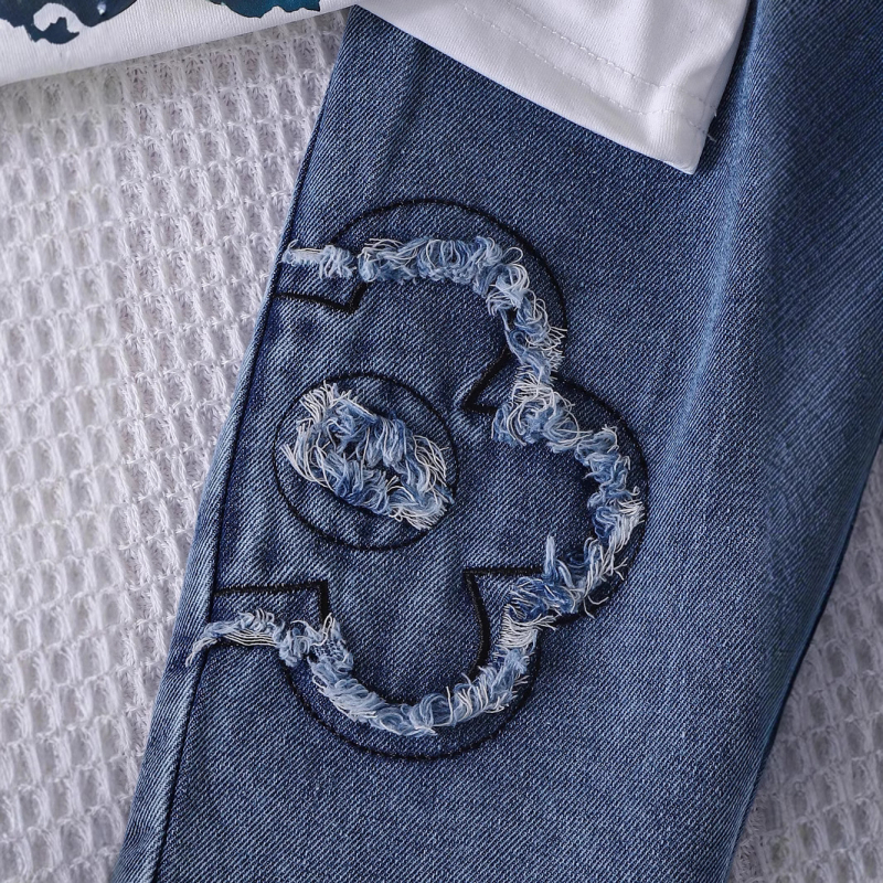 Vasariniai mergaičių kostiumai iš Europos ir Amerikos, mažo ir vidutinio dydžio vaikiški marškinėliai su raštais trumpomis rankovėmis + džinsinės kelnės, naujas dviejų dalių komplektas