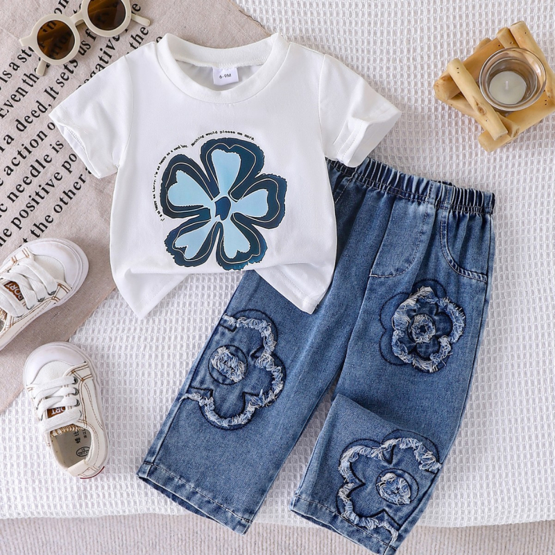 Vasariniai mergaičių kostiumai iš Europos ir Amerikos, mažo ir vidutinio dydžio vaikiški marškinėliai su raštais trumpomis rankovėmis + džinsinės kelnės, naujas dviejų dalių komplektas