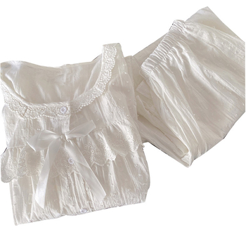 Πιτζάμες σε στυλ παλατιού με μακριά μανίκια από βαμβάκι και δαντέλα, λευκό, φθινόπωρο 2020, νέα κορεάτικα ρούχα για το σπίτι, γυναικείο κοστούμι