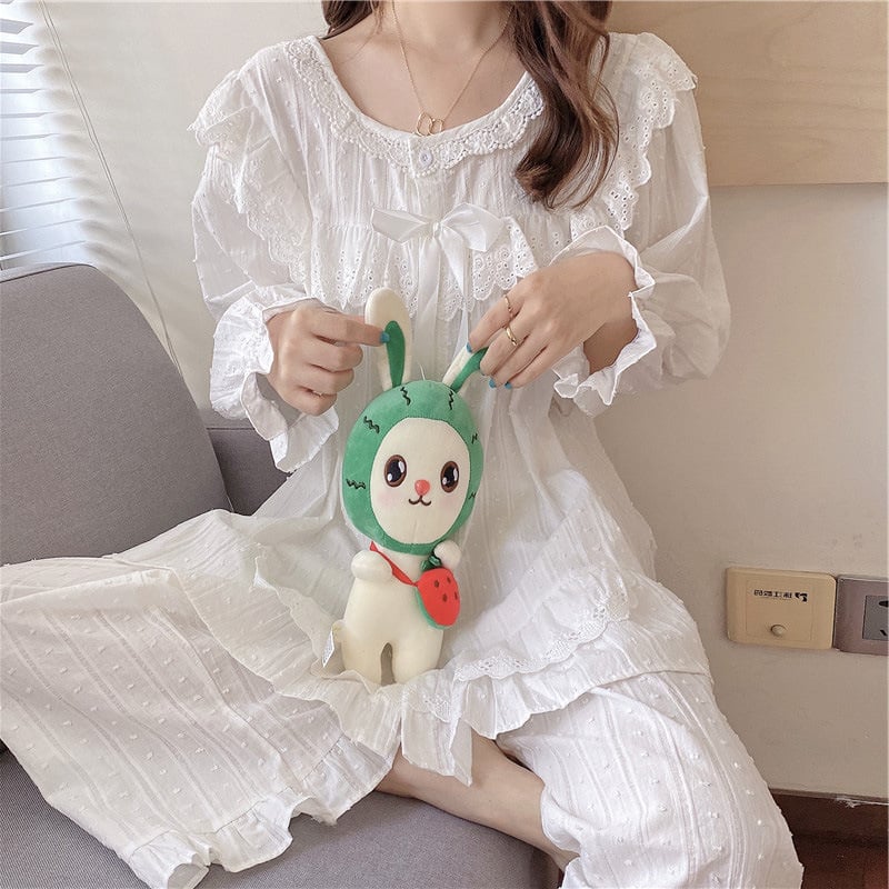 Pijamale din bumbac jacquard cu dantelă, albe, cu mânecă lungă, stil palat, toamna 2020, haine coreene noi pentru casă, costum de femeie