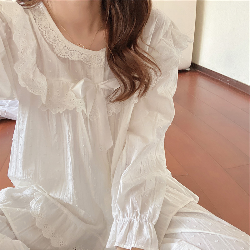 Medvilninis žakardo nėrinių fėjų baltas ilgomis rankovėmis rūmų stiliaus pižama 2020 m. rudens naujas korėjietiškų namų drabužių moteriškas kostiumas