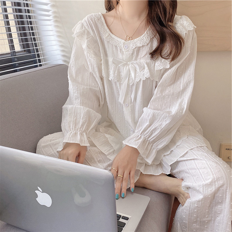 Medvilninis žakardo nėrinių fėjų baltas ilgomis rankovėmis rūmų stiliaus pižama 2020 m. rudens naujas korėjietiškų namų drabužių moteriškas kostiumas