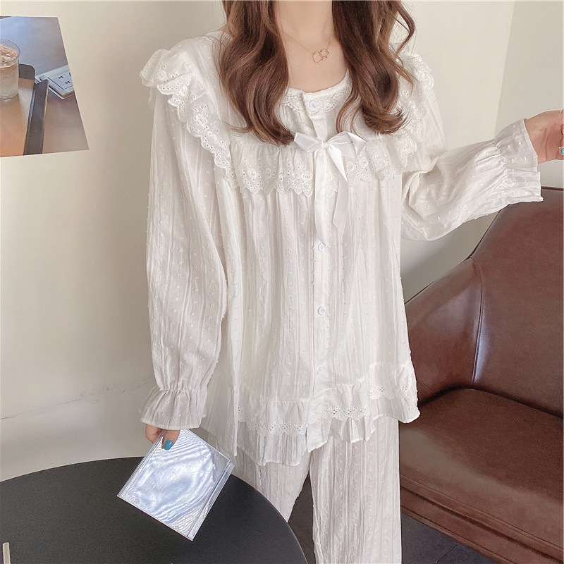 Medvilninis žakardo nėrinių fėjų baltas ilgomis rankovėmis rūmų stiliaus pižama 2020 m. rudens naujas korėjietiškų namų drabužių moteriškas kostiumas