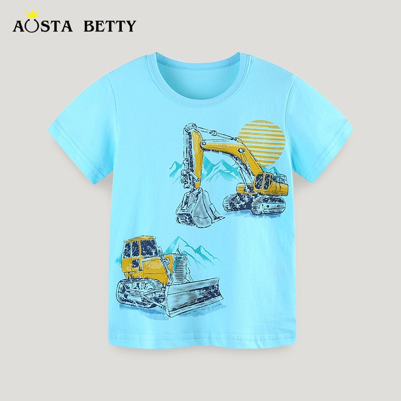 Tricou pentru băieți în stil european și american, 25 de vară, nou, cu desene animate, excavator, imprimat, hanorac pentru copii, guler rotund, mânecă scurtă