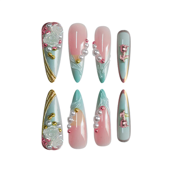 Διασυνοριακά Ζεστά Νύχια Αμυγδάλου Pure Desire Rose Pearl Textured Gold Dragon Flash Diamond Design Wear Armor