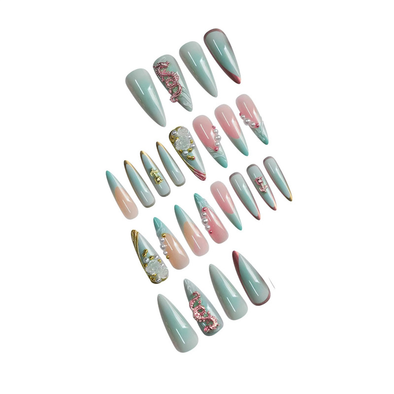 Išpardavimas tarpvalstybiniams, migdoliniams, dirbtiniams nagams, „Pure Desire“, rožinio perlo tekstūros, auksinio drakono, blyksnio, deimanto dizaino, dėvėti šarvus.