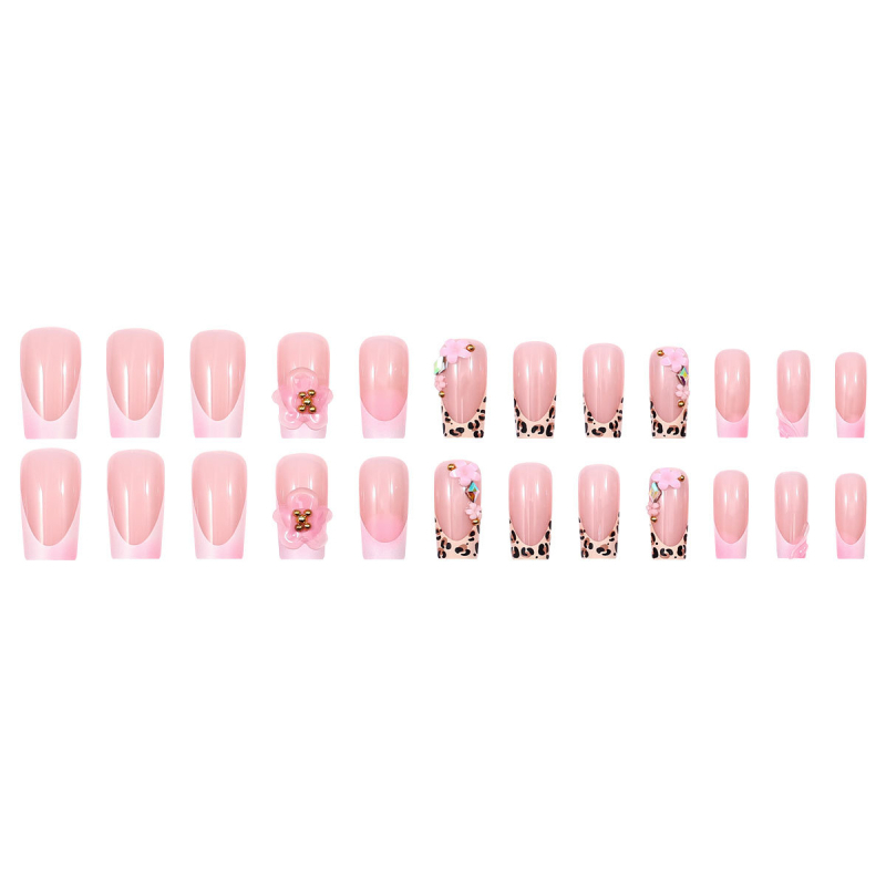 Imprimeu leopard transfrontalier, flori 3D franceze, unghii purtabile europene și americane, stil manichiură, unghii false detașabile, en-gros