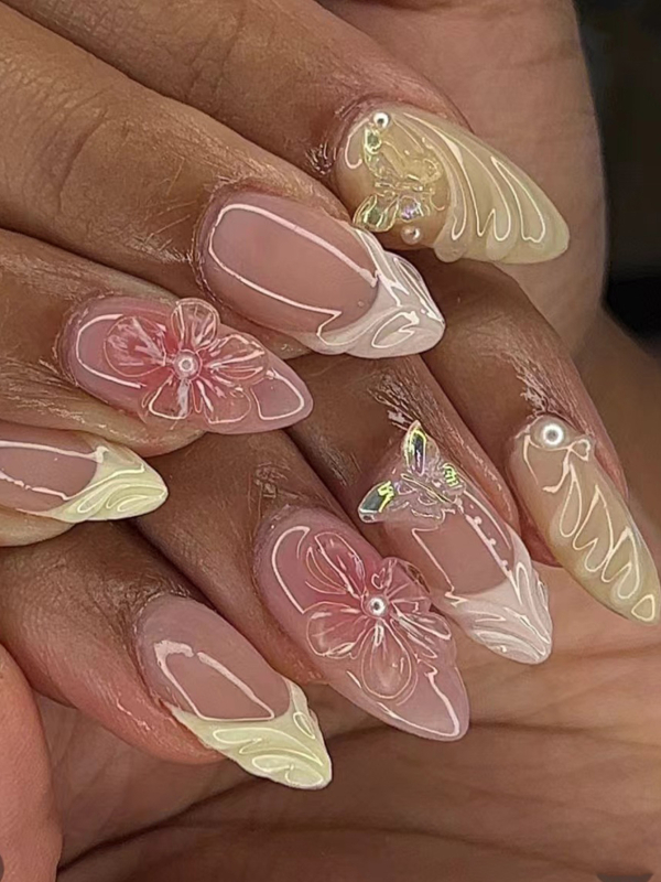 Migdolo formos dirbtiniai nagai, 3D trimačiai saldūs drugeliai, nuimami, drobiniai, išpardavimas, didmeninė prekyba