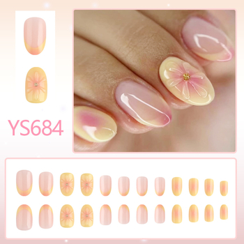 Κοντά γυαλιστερά νύχια που φοριούνται, οβάλ στερεοφωνικό μανικιούρ κόλλας 2025 Νέα σταγόνα νερού με λουλούδια 24 τεμάχια, ευρωπαϊκά και αμερικανικά νύχια που φοριούνται