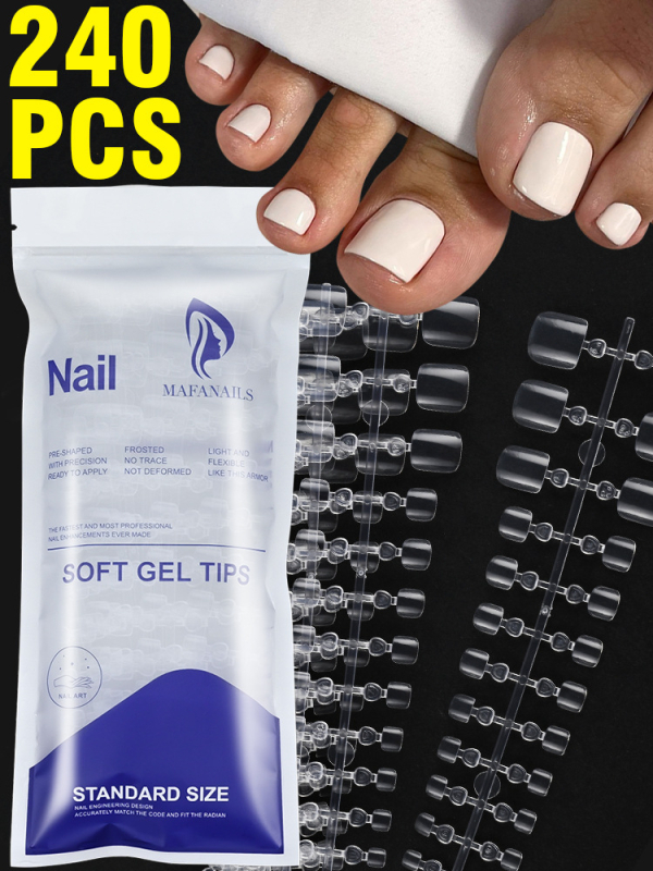 240 permatomų, trumpų, kvadratinių, nešiojamų kojų nagų detalių maišeliuose, paprastų ir nuimamų dirbtinių kojų nagų detalių.