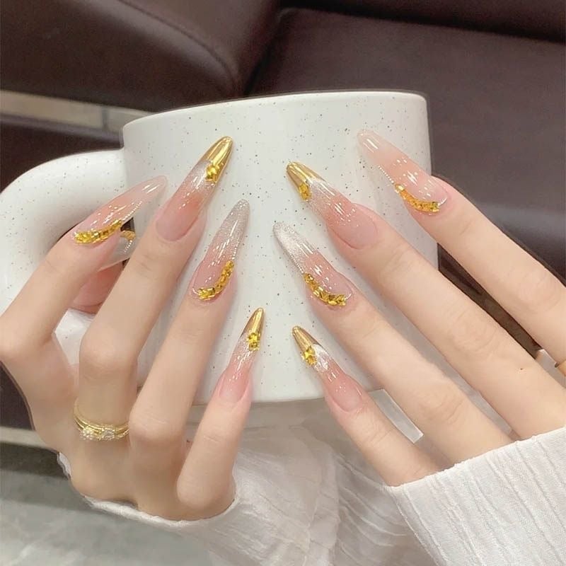 Unghii lucrate manual Anul Nou Toamna și Iarna Unghii aurii franceze Cat Eye Colorate Diamond Gilded Whitening High-End Nail Art Patch