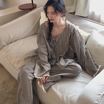 Γυναικείες πιτζάμες με μακριά μανίκια, ανοιξιάτικες και φθινοπωρινές καρό, νέες δύο τεμαχίων, μεγάλα μεγέθη, Sweet Home, χαλαρές μαύρες δαντέλες