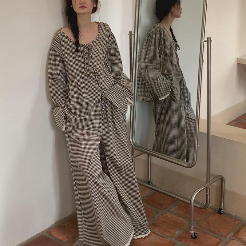 Moteriškos ilgomis rankovėmis pižamos, pavasario ir rudens languotos, naujos dviejų dalių, didesnių dydžių, „Sweet Home“ drabužiai, laisvi juodi nėriniai.