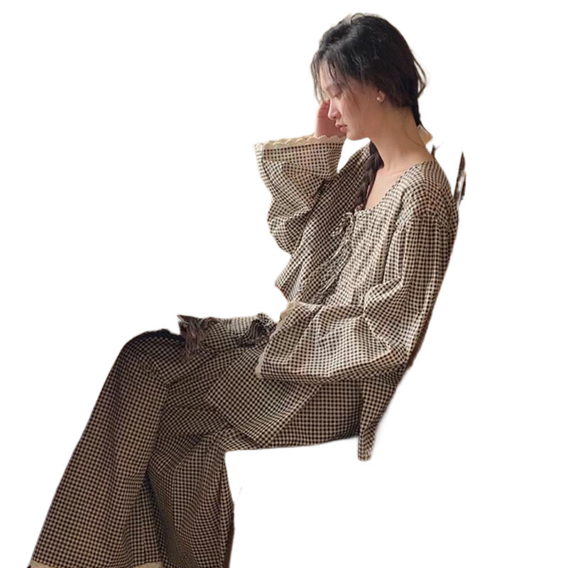 Moteriškos ilgomis rankovėmis pižamos, pavasario ir rudens languotos, naujos dviejų dalių, didesnių dydžių, „Sweet Home“ drabužiai, laisvi juodi nėriniai.