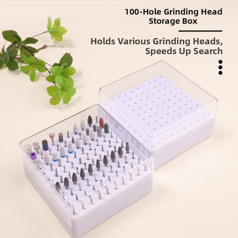 Úložný box na brúsne hlavy so 100 otvormi, stojan na leštiace hlavy na nechty, úložný box na vrtáky, box na dokončovacie práce, box na náradie na nechty