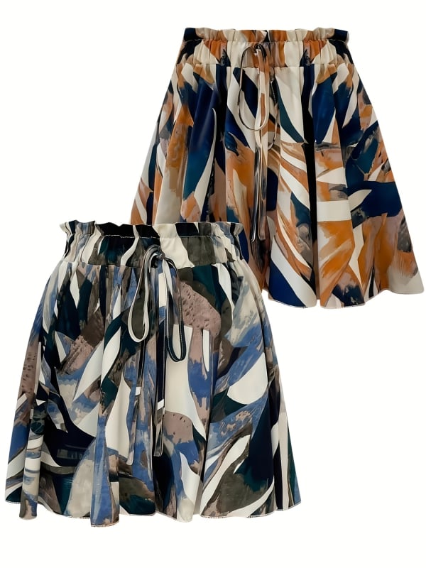 2 bucăți pantaloni scurți cu imprimeu tropical pentru femei, talie elastică casual, șnur simulat asortat