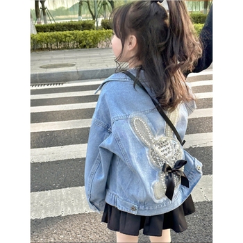 Mergaičių džinsinis paltas 2024 m. Naujas pavasario ir rudens vaikiškas vesterno stiliaus triušio džinsinis paltas kūdikiams, laisvalaikio stiliaus, universalūs viršutiniai drabužiai