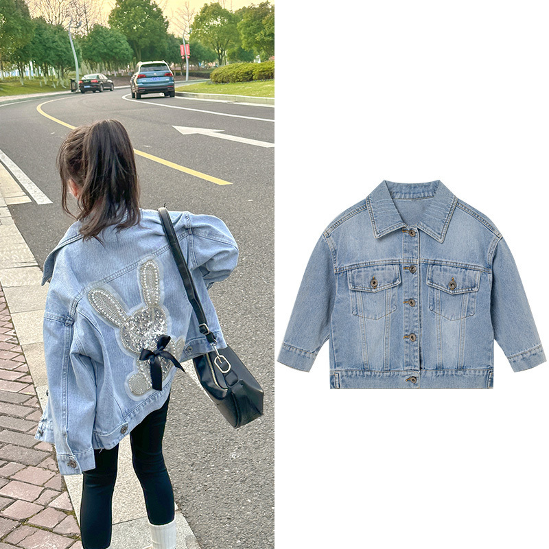 Mergaičių džinsinis paltas 2024 m. Naujas pavasario ir rudens vaikiškas vesterno stiliaus triušio džinsinis paltas kūdikiams, laisvalaikio stiliaus, universalūs viršutiniai drabužiai
