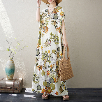 „Real Shot 2024“ vasaros naujas V formos iškirptės rašto liekninamasis meniškas retro šventinis ilgas sijonas, 125 kg svorio super chalatas