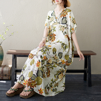 „Real Shot 2024“ vasaros naujas V formos iškirptės rašto liekninamasis meniškas retro šventinis ilgas sijonas, 125 kg svorio super chalatas