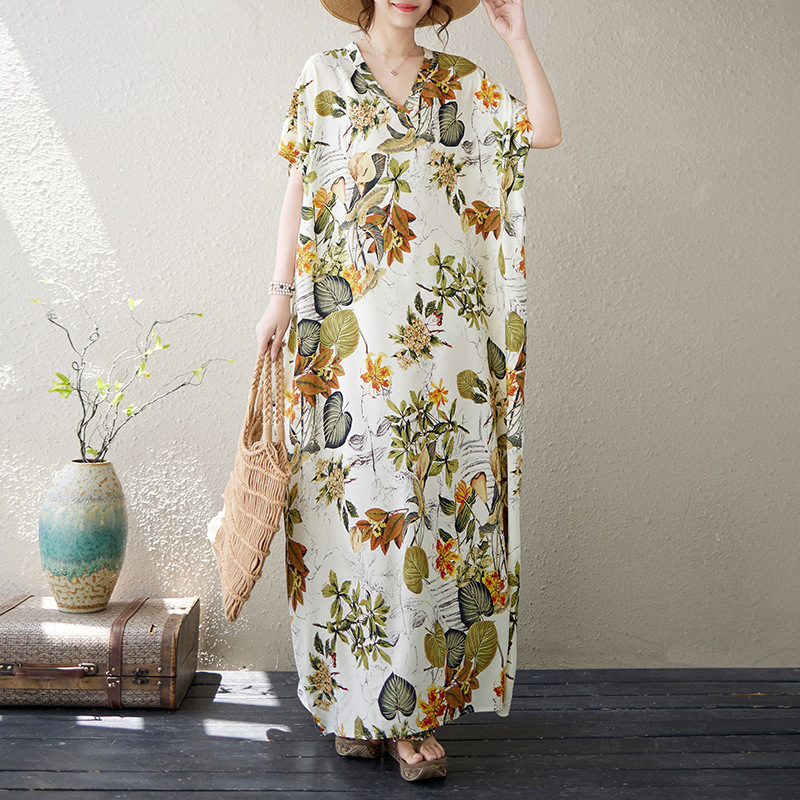 „Real Shot 2024“ vasaros naujas V formos iškirptės rašto liekninamasis meniškas retro šventinis ilgas sijonas, 125 kg svorio super chalatas