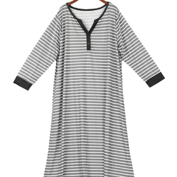 Pārrobežu ārējā tirdzniecība Eiropas un Amerikas plus izmēra sieviešu mājas apģērbs plus izmēra brīvs svītrains apdrukāts garām piedurknēm V veida kakla mājas naktskrekls