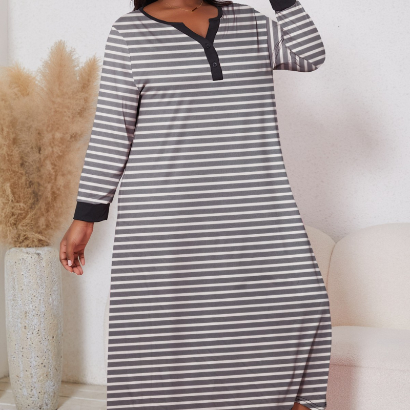 Pārrobežu ārējā tirdzniecība Eiropas un Amerikas plus izmēra sieviešu mājas apģērbs plus izmēra brīvs svītrains apdrukāts garām piedurknēm V veida kakla mājas naktskrekls