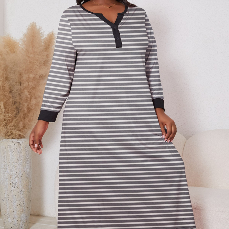 Pārrobežu ārējā tirdzniecība Eiropas un Amerikas plus izmēra sieviešu mājas apģērbs plus izmēra brīvs svītrains apdrukāts garām piedurknēm V veida kakla mājas naktskrekls