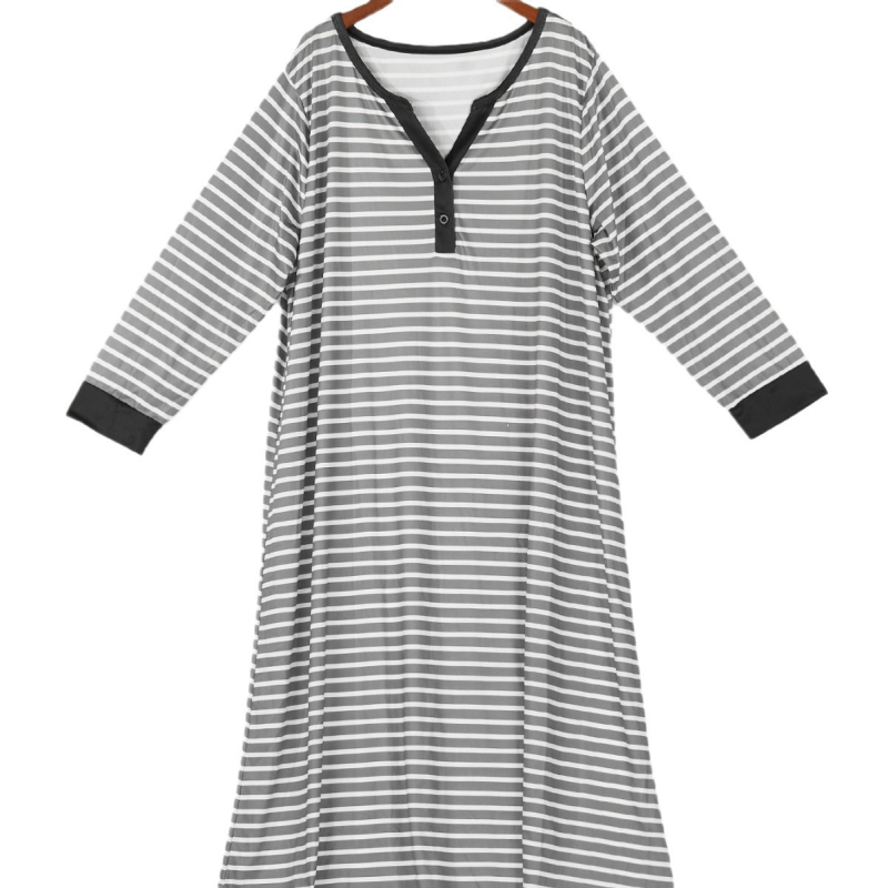 Pārrobežu ārējā tirdzniecība Eiropas un Amerikas plus izmēra sieviešu mājas apģērbs plus izmēra brīvs svītrains apdrukāts garām piedurknēm V veida kakla mājas naktskrekls