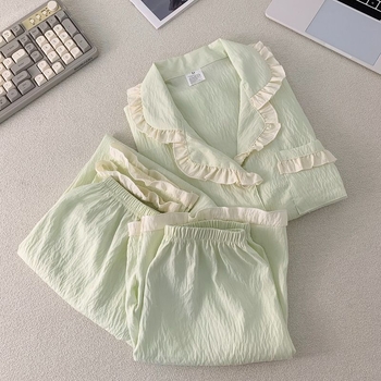 Πιτζάμες Yunduo από βαμβάκι για γυναίκες, καλοκαιρινές, με δαντέλα, κοντομάνικες, μεγάλες, φαρδιές, τριών τεμαχίων, για ρούχα σπιτιού, που μπορούν να φορεθούν και έξω.