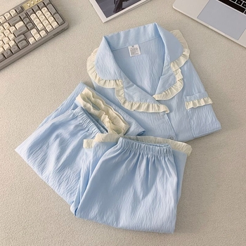 Πιτζάμες Yunduo από βαμβάκι για γυναίκες, καλοκαιρινές, με δαντέλα, κοντομάνικες, μεγάλες, φαρδιές, τριών τεμαχίων, για ρούχα σπιτιού, που μπορούν να φορεθούν και έξω.