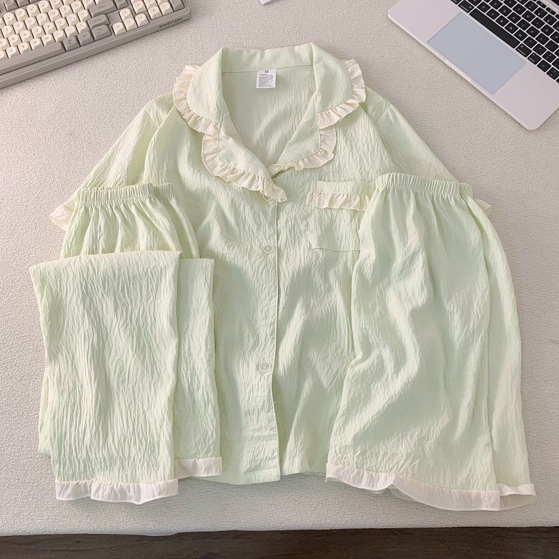 „Yunduo“ medvilninės pižamos moterims, vasarinės, saldžios, nėriniuotos, trumpomis rankovėmis, laisvos, didelio dydžio, trijų dalių namų aprangos, kurią galima dėvėti lauke.