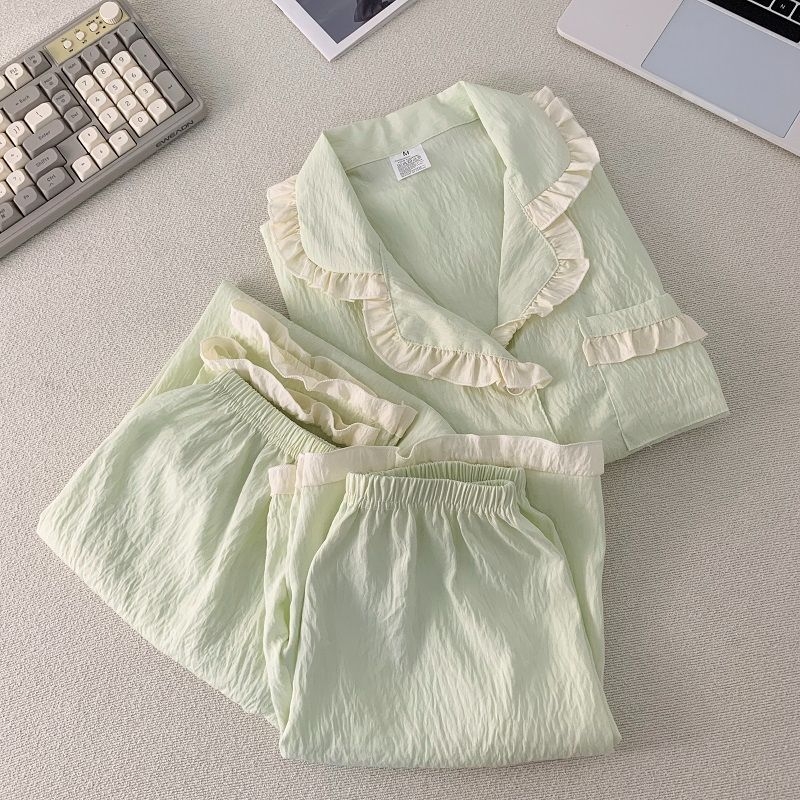 „Yunduo“ medvilninės pižamos moterims, vasarinės, saldžios, nėriniuotos, trumpomis rankovėmis, laisvos, didelio dydžio, trijų dalių namų aprangos, kurią galima dėvėti lauke.