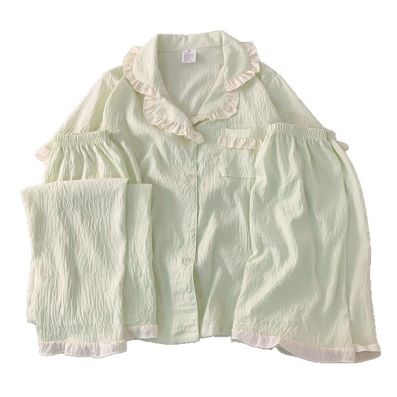 „Yunduo“ medvilninės pižamos moterims, vasarinės, saldžios, nėriniuotos, trumpomis rankovėmis, laisvos, didelio dydžio, trijų dalių namų aprangos, kurią galima dėvėti lauke.