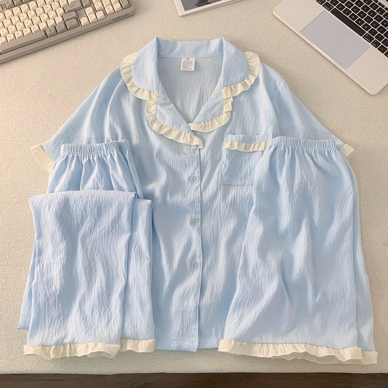 „Yunduo“ medvilninės pižamos moterims, vasarinės, saldžios, nėriniuotos, trumpomis rankovėmis, laisvos, didelio dydžio, trijų dalių namų aprangos, kurią galima dėvėti lauke.