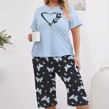 Moteriškos laisvos, plius dydžio pižamos, trumpomis rankovėmis, patogios, laisvos, apvalios kaklo formos kelnės, pižama.