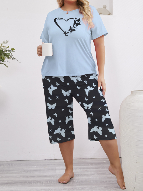 Moteriškos laisvos, plius dydžio pižamos, trumpomis rankovėmis, patogios, laisvos, apvalios kaklo formos kelnės, pižama.