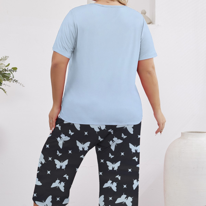 Moteriškos laisvos, plius dydžio pižamos, trumpomis rankovėmis, patogios, laisvos, apvalios kaklo formos kelnės, pižama.